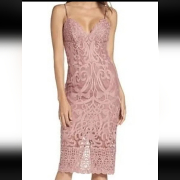 Bardot Dresses & Skirts - Bardot S 6 Gia Lace Pencil Midi Dress Spaghetti Strap Latte Pink Embroidered